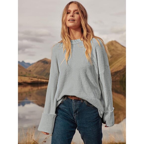 Women's Oversized Sweater Fuzzy Light Grey Long Sleeve Casual Chunky Pullover - Picture 6 of 8